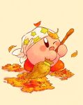  ;d bandana blush broom cleaning_kirby commentary_request copy_ability falling_leaves ginkgo_leaf harukui highres holding holding_broom kirby kirby_(series) leaf leaf_pile no_humans one_eye_closed open_mouth print_bandana simple_background smile solo star_(symbol) star_print sweeping white_bandana yellow_background 