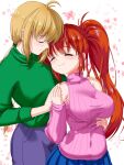  1boy 1girl bare_shoulders blonde_hair blush breasts brown_hair closed_eyes closed_mouth commentary_request covered_navel hetero highres hug hug_from_behind large_breasts long_hair lyrical_nanoha mahou_shoujo_lyrical_nanoha_strikers misril pink_sweater ponytail simple_background smile sweater takamachi_nanoha yuuno_scrya 