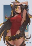  1girl arm_strap arm_up armpits bangs bare_shoulders belt black_hair blonde_hair blue_eyes border breasts claw_ring covered_navel cowboy_shot crossed_bangs dangle_earrings dark-skinned_female dark_skin dehya_(genshin_impact) earrings genshin_impact hair_between_eyes hair_ears hand_on_hip head_tilt highleg highleg_leotard highres jdpr jewelry large_breasts leotard long_hair looking_at_viewer multicolored_hair multiple_thigh_straps one_eye_closed patreon_username red_leotard single_earring skindentation sleeveless_turtleneck_leotard smile solo streaked_hair thick_thighs thigh_strap thighs toned two-tone_hair white_border 