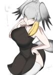  1girl bare_shoulders black_dress black_hair breasts closed_mouth commentary dress grey_hair hair_between_eyes head_wings highres john_(a2556349) kemono_friends kemono_friends_3 large_breasts long_dress looking_at_viewer multicolored_hair shoebill_(kemono_friends) side_slit sidelocks skindentation sleeveless sleeveless_dress solo staring tail wings 