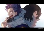  2boys back-to-back bags_under_eyes black_eyes black_hair bloom boku_no_hero_academia bright_pupils chromatic_aberration commentary_request eraser_head_(boku_no_hero_academia) facial_hair film_grain from_side grey_scarf hair_slicked_back hand_on_mask hands_up head_down high_collar highres jacket letterboxed long_scarf looking_ahead looking_away male_focus mask mask_around_neck medium_hair messy_hair mouth_mask multiple_boys nakamu_405 open_mouth parted_lips partial_commentary pixiv_username portrait profile purple_eyes purple_hair scar scar_on_face scarf scarf_grab shinsou_hitoshi short_hair sidelighting sideways_mouth simple_background smile stubble sweatdrop track_jacket twitter_username u.a._gym_uniform white_background white_pupils 
