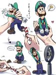  ... 1boy 1other ? blue_overalls brown_hair closed_eyes electric_fan facial_hair giant_hand gloves green_headwear green_shirt hat heart highres kneeling looking_at_viewer luigi mario_(series) masanori_sato_(style) mustache open_mouth overalls red_socks shirt short_hair simple_background socks speech_bubble striped striped_socks two-tone_socks white_background white_gloves white_socks ya_mari_6363 