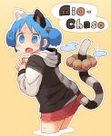  1girl animal_ears arawi_keiichi_(style) black_fur blue_eyes blue_hair cat_ears cat_girl cat_tail highres hood hoodie long_sleeves looking_at_viewer medium_hair mochi_donut multicolored_fur naganohara_mio nichijou nishimura_(prism_engine) open_mouth short_twintails skirt solo striped_tail tail twintails white_fur 