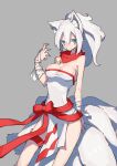  1girl :3 absurdres animal_ear_fluff animal_ears arm_at_side bandages bandaid bandaid_on_face bow breasts contrapposto cowboy_shot fox_ears fox_girl fox_tail fukutchi green_eyes grey_background hair_between_eyes hand_up highres jewelry light_blush looking_to_the_side medium_breasts multiple_tails neckerchief necklace original pelvic_curtain ponytail red_bow red_neckerchief red_ribbon ribbon simple_background smile solo strapless tail thigh_strap white_hair 