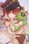  1girl absurdres bare_shoulders bikini bikini_top_only blush breasts covered_navel eyepatch food fruit gloves green_bikini hat heterochromia highres holding holding_food holding_fruit hololive houshou_marine hxxg large_breasts long_hair looking_at_viewer melon navel patterned pirate pirate_hat red_eyes red_hair smile solo swimsuit twintails virtual_youtuber white_gloves yellow_eyes 