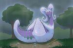  anthro anus blush female fizzpop generation_6_pokemon genitals goodra grass green_eyes hi_res looking_at_viewer lying nintendo nude on_back outside plant pokemon pokemon_(species) pussy raining slime smile solo tree wet 