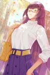  1girl :&lt; alternate_costume autumn autumn_leaves bag belt cagasyo from_below glasses hand_on_own_hip handbag highres holding_strap kasen_kanesada_(tenka_hyakken) long_hair long_sleeves out_of_frame outdoors purple_hair purple_skirt semi-rimless_eyewear skirt solo sweater sweater_tucked_in tenka_hyakken tree under-rim_eyewear v-shaped_eyebrows yellow_eyes 