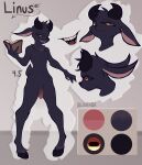  2021 absurd_res anthro artist_name book bovid caprine digital_media_(artwork) genitals goat hi_res holding_book holding_object hooves horn jarnqk linus_(jarnqk) male mammal model_sheet nude penis solo 