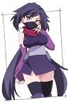  1girl ayame_(gundam_build_divers) black_hair black_mask black_thighhighs breasts detached_sleeves gundam gundam_build_divers ixy large_breasts long_hair looking_at_viewer low_twintails mask mouth_mask ninja purple_eyes purple_sleeves red_scarf scarf solo standing thighhighs thighs twintails very_long_hair white_background 