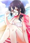  1girl bare_shoulders beach bikini black-framed_eyewear black_hair blue_sky blush breasts cleavage cloud collarbone floral_print frilled_bikini frills front-tie_bikini_top front-tie_top glasses hair_ornament hair_scrunchie hand_up highres holding holding_eyewear idolmaster idolmaster_million_live! idolmaster_million_live!_theater_days knees_up kotobuki_haruki long_hair looking_at_viewer medium_breasts mountain ocean open_mouth outdoors pink_scrunchie print_bikini red_eyes red_towel scrunchie sitting sky smile solo sparkle swimsuit takayama_sayoko teeth upper_teeth_only white_bikini 