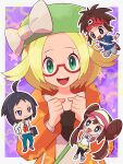  2boys 2girls :d beret bianca_(pokemon) blonde_hair border bow cheren_(pokemon) chibi clenched_hands commentary_request glasses green_eyes green_headwear hands_up hat hat_bow highres hood hooded_jacket jacket long_sleeves multiple_boys multiple_girls nate_(pokemon) open_clothes open_jacket open_mouth orange_jacket outline pokemon pokemon_(game) pokemon_bw2 red-framed_eyewear rosa_(pokemon) semi-rimless_eyewear shirt short_hair smile star_(symbol) teeth tongue tsugomori_(sprn303) upper_teeth_only white_border white_bow white_shirt 