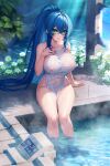  1girl absurdres arm_support blue_hair blush collarbone commission english_commentary green_eyes highres long_hair looking_at_viewer murmoruno naked_towel navel nipples onsen original parted_lips pink_nails ponytail see-through sitting smile steam towel 