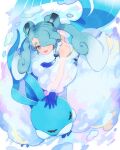  1girl altaria bare_shoulders blue_gloves blue_hair closed_eyes cofu_17 detached_sleeves double_bun flying_miku_(project_voltage) gloves gradient_hair hair_bun hair_over_one_eye hatsune_miku highres long_hair looking_at_viewer multicolored_eyes multicolored_hair open_mouth pokemon pokemon_(creature) project_voltage see-through see-through_sleeves twintails very_long_hair vocaloid wind_chime 