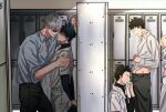  5boys arm_grab baseball_uniform black_hair black_pants blue_eyes blue_shirt blush fushiguro_megumi fushirun_rung gojou_satoru height_difference highres jujutsu_kaisen korean_commentary locker locker_room long_sleeves looking_at_another male_focus multiple_boys open_mouth pants shirt short_hair spiked_hair sportswear sunglasses white_hair yaoi 