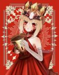  absurdres blonde_hair braid breasts choker crown dress fate/grand_order fate_(series) gloves highres holding nero_claudius_(fate) noa_pisces ornament queen_draco_(fate) red_background red_choker red_dress red_eyes small_breasts solo white_gloves 