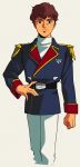  1boy :| amuro_ray belt black_belt blue_coat blue_eyes brown_hair char&#039;s_counterattack closed_mouth coat film_grain gundam hand_on_own_hip hasemil long_sleeves looking_at_viewer male_focus neo_zeon pants retro_artstyle shirt short_hair simple_background solo standing straight-on turtleneck white_background white_pants white_shirt 