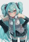  1girl :t =3 bare_shoulders belt black_skirt black_sleeves black_thighhighs blue_eyes blue_hair blue_necktie blush collared_shirt commentary_request cowboy_shot detached_sleeves frilled_shirt frills hair_between_eyes hair_ornament hands_on_own_hips hatsune_miku highres index_finger_raised kawasuru_(15miclon) leaning_forward legs_apart long_hair long_sleeves looking_at_viewer loose_belt miniskirt necktie number_tattoo pleated_skirt pout shirt sidelocks skirt sleeveless sleeveless_shirt solo tattoo thighhighs thighs tie_clip twintails v-shaped_eyebrows very_long_hair vocaloid white_shirt wing_collar zettai_ryouiki 