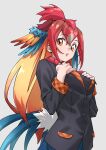  1girl :o absurdres bird_girl bird_tail bird_wings black_jacket blue_hair blue_skirt commentary grey_background hair_between_eyes hands_on_own_chest head_wings highres jacket kemono_friends long_hair long_sleeves orange_eyes orange_hair plaid_trim pleated_skirt red_hair red_junglefowl_(kemono_friends) sidelocks simple_background skirt solo tail tanabe_(fueisei) wings 