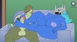  2023 anthro aria_(danielssj) balls bandai_namco big_breasts big_penis breasts danielssj digimon digimon_(species) digital_media_(artwork) digivice duo female foot_fetish foot_play footjob forked_tongue furniture genitals gynomorph hair hi_res huge_breasts intersex intersex/female inverted_nipples margret_stalizburg mature_female multicolored_body nipples non-mammal_breasts open_mouth penis red_eyes reptile scalie sex sitting snake sofa teal_hair thick_thighs tongue two_tone_body wargreymon 