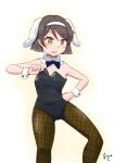  1girl akashieru alternate_costume animal_ears bare_shoulders black_bow black_bowtie black_hair black_leotard bow bowtie brown_eyes brown_pantyhose detached_collar feet_out_of_frame fishnet_pantyhose fishnets floppy_ears hairband highres kantai_collection leotard one-hour_drawing_challenge oversized_breast_cup pantyhose playboy_bunny rabbit_ears short_hair simple_background solo strapless strapless_leotard tanikaze_(kancolle) white_background white_hairband wrist_cuffs 