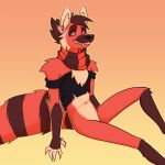  1:1 anthro background_character bottomless canid canid_demon clothed clothing demon ear_piercing featureless_crotch female fur hellhound helluva_boss hi_res mammal markings pantsless piercing scarf solo striped_body striped_fur striped_markings striped_tail stripes tail tail_markings yuzu_zuzu 