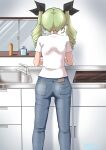  1girl absurdres anchovy_(girls_und_panzer) ass blue_pants dated denim drill_hair drops_mint from_behind girls_und_panzer green_hair hair_ribbon highres indoors jeans kitchen long_hair pants ribbon shirt signature sink solo twin_drills twintails white_shirt 
