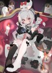  1girl absurdres black_bow bow candle cat character_request copyright_request couch dress drill_hair hair_between_eyes highres kele_mimi kneehighs long_sleeves looking_at_viewer no_shoes red_eyes single_kneehigh single_sock single_thighhigh sitting socks thighhighs twintails white_hair 