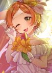  1girl birthday bouquet collarbone commentary dress earrings gloves highres holding holding_bouquet hoshizora_rin jewelry kyaku_tatsu love_live! love_live!_school_idol_project one_eye_closed orange_eyes short_hair signature solo upper_body white_dress white_gloves yellow_eyes 