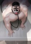  1boy absol_(dkqthf) animal_collar ball_gag bara black_hair blush collar completely_nude gag gagged highres implied_yaoi kneeling large_pectorals leash male_focus muscular muscular_male nipples nude original pectorals shadow short_hair sidecut solo_focus 