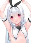  1girl arm_garter armpits arms_up black_hairband blunt_bangs blush breast_curtains breasts commentary_request grey_hair hairband hashiko_nowoto highres looking_at_viewer nei_(hashiko_nowoto) original red_eyes simple_background small_breasts smile solo upper_body white_background 