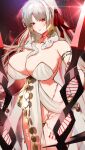  1girl absurdres armlet bare_shoulders belly_chain blush body_markings bracelet breasts cleavage collarbone colored_skin durga_(fate) earrings facial_mark fate/grand_order fate_(series) forehead_mark gradient_skin grey_hair hair_ribbon highres jewelry large_breasts long_hair looking_at_viewer orange_eyes parted_lips pelvic_curtain red_skin revealing_clothes ribbon sash shibao_aoyama snake solo thighs thumb_ring very_long_hair weapon 