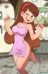  1girl aged_up apron artist_name black_eyes blurry breasts brown_hair commentary cubedcoconut depth_of_field english_commentary gravity_falls hairband highres long_hair mabel_pines medium_breasts naked_apron one_eye_closed open_mouth pink_apron pink_hairband signature smile solo standing standing_on_one_leg very_long_hair 
