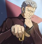  1boy blurry blurry_foreground brown_eyes brown_shirt foreshortening frown fuyutsuki_kouzou grey_hair hand_on_own_chin highres holding_shogi_piece long_sleeves neon_genesis_evangelion old old_man shirt shogi_piece short_hair sideburns solo stroking_own_chin zeff_ozaki 