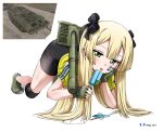  1girl :p absurdres bike_shorts blonde_hair food green_eyes highres knee_pads leaning_forward long_hair looking_at_viewer mole mole_under_eye nisp_art popsicle reference_inset shirt solo stridsvagn_103_(personification) t-shirt tongue tongue_out very_long_hair war_thunder 