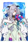  1girl black_horns blue_flower blue_rose bouquet closed_mouth commentary dress eitr_(fire_emblem) expressionless fire_emblem fire_emblem_heroes flower goat_horns green_dress grey_hair hair_over_one_eye highres holding holding_bouquet horns long_hair looking_at_viewer misato_hao one_eye_covered pelvic_curtain petals purple_flower purple_rose purple_thighhighs red_eyes rose signature solo thighhighs very_long_hair wavy_hair 