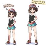  1girl black_shirt blue_shorts brown_eyes brown_hair commentary_request elaine_(pokemon) full_body long_hair looking_at_viewer multiple_views nekono_rin pokemon pokemon_(game) pokemon_lgpe red_headwear shirt shoes short_hair short_sleeves shorts simple_background smile sneakers standing translation_request white_background 
