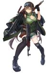  absurdres assault_rifle black_gloves black_thighhighs breasts brown_hair camouflage camouflage_jacket chadlink cleavage girls&#039;_frontline gloves goggles goggles_on_head green_shorts gun highres jacket kalashnikov_rifle knee_pads long_hair machine_gun rifle shorts thighhighs type_56-1_(girls&#039;_frontline) very_long_hair weapon weapon_request 