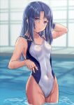  1girl absurdres alice_gear_aegis blue_hair breasts bureikubureido commentary_request competition_swimsuit cowboy_shot highleg highleg_swimsuit highres long_hair looking_at_viewer one-piece_swimsuit pool purple_eyes rubber_band small_breasts solo standing swimsuit takanashi_rei two-tone_swimsuit wading water wet wet_clothes wet_swimsuit white_one-piece_swimsuit 
