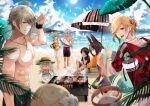  5boys 6+girls abs alhaitham_(genshin_impact) animal_ears aqua_hair beach bikini black_shirt blonde_hair closed_eyes collei_(genshin_impact) corn cyno_(genshin_impact) dark_skin dress earrings eating eyewear_on_head faruzan_(genshin_impact) flower fox_ears genshin_impact green_hair grey_hair hair_flower hair_ornament halo hat highres innertube jacket jewelry kaveh_(genshin_impact) komesiwo_syumi layla_(genshin_impact) lumine_(genshin_impact) male_swimwear multicolored_hair multiple_boys multiple_girls muscular muscular_male nahida_(genshin_impact) necklace ocean one_eye_closed open_mouth orange_hood orange_jacket paimon_(genshin_impact) ponytail purple_eyes purple_hair red_eyes red_hood red_shirt scaramouche_(genshin_impact) shirt short_hair sky smile stove swim_trunks swimsuit t-shirt tighnari_(genshin_impact) tongue topless_male umbrella white_hair x_hair_ornament 