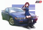  1girl absurdres adidas adidas_superstar black_thighhighs blue_dress blush breasts brown_hair car copyright_name dress grey_shirt hand_in_own_hair head_tilt highres initial_d logo long_hair long_sleeves medium_breasts mizzterbii motor_vehicle nissan nissan_180sx nissan_s13_silvia nissan_sileighty nissan_silvia on_vehicle parted_bangs satou_mako shadow shirt signature sitting smile solo sports_car thighhighs vehicle_focus 