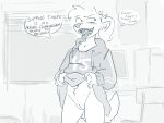  anthro bottomwear braces canid canine clothing dialogue female flashing flashing_pussy hi_res hoodie karen_(spinater) mammal monochrome phasmophobia ponytail_(hair) skirt solo speech_bubble spinater tongue tongue_out topwear were werecanid werecanine werewolf 