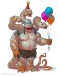  1boy artist_name balloon brown_shorts dated full_body hat highres holding holding_balloon original party_hat rope shiny_skin shorts simple_background snake_boy snake_head snake_tail solo standing tail taran_fiddler torn_clothes torn_shorts white_background 