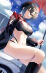  1girl azur_lane bikini black_bikini black_choker black_footwear black_hair black_jacket blue_hair blue_sky boots breasts car choker cleavage cloud commentary_request cowboy_shot criss-cross_halter cropped_jacket cross crossed_legs day dutch_angle ear_piercing flag gradient_hair hair_between_eyes halterneck highres holding holding_flag horns jacket knee_boots large_breasts long_sleeves looking_at_viewer mechanical_horns motor_vehicle multicolored_hair nail_polish navel navel_piercing official_alternate_costume open_clothes open_jacket outdoors parted_lips piercing race_queen red_horns red_nails short_hair sidelocks sitting sitting_on_car sky smile solo stomach swimsuit tako-san_wiener_(takosanuma) ulrich_von_hutten_(azur_lane) ulrich_von_hutten_(ignition_matrician)_(azur_lane) white_hair yellow_eyes 
