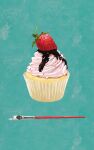  aqua_background food food_focus fruit hacotan_(hakoniworks) icing no_humans original paint paintbrush still_life strawberry 