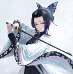  1girl absurdres black_hair butterfly_hair_ornament closed_mouth commentary demon_slayer_uniform expressionless gradient_hair hair_ornament haori highres holding holding_sword holding_weapon japanese_clothes kimetsu_no_yaiba kochou_shinobu looking_at_viewer multicolored_hair parted_bangs purple_eyes purple_hair sidelocks simple_background solo sword sword_writing tooku0 two-tone_hair updo upper_body weapon wide_sleeves 