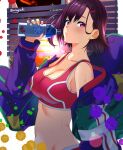  1girl aona_(anagasaki) blue_jacket bottle breasts cleavage commentary green_jacket hair_behind_ear hair_ornament hairclip hand_up highres holding holding_bottle jacket large_breasts light_blush long_sleeves looking_at_viewer mikazuki_shizuka multicolored_clothes multicolored_jacket navel off_shoulder open_clothes open_jacket pink_eyes pink_shorts pink_sports_bra purple_hair shorts solo sports_bra sportswear stomach sweat twitter_username water_bottle white_jacket zom_100:_zombie_ni_naru_made_ni_shitai_100_no_koto 