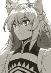  1girl animal_ears aoba_(smartbeat) atalanta_(fate) braid breasts cat_ears closed_mouth dress fate/apocrypha fate_(series) french_braid greyscale highres long_hair looking_to_the_side medium_breasts monochrome puffy_short_sleeves puffy_sleeves short_sleeves smile solo translation_request 