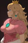 1girl blonde_hair blue_eyes breasts crown dress earrings from_side giganticbuddha gloves highres jewelry long_hair mario_(series) medium_breasts mini_crown pink_dress princess_peach profile puckered_lips puffy_sleeves sidelighting simple_background solo upper_body white_gloves 