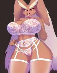  2023 5_fingers absurd_res anthro areola big_breasts big_ears bra breasts brown_body brown_fur buckteeth cheek_tuft choker cleavage clothed clothing curvy_figure eyebrows eyelashes facial_tuft female fingers fur garter_belt garter_straps generation_4_pokemon genitals hi_res huge_breasts jewelry lace legwear long_ears looking_at_viewer lopunny mature_female midriff nastycalamari necklace nintendo open_mouth open_smile panties pink_areola pink_nose pink_pussy pokemon pokemon_(species) pussy red_eyes smile solo stockings teeth thick_thighs thigh_highs tongue translucent translucent_clothing tuft underwear voluptuous wide_hips 