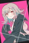  1girl backpack bag black_jacket blush brown_hair character_name danganronpa_(series) danganronpa_2:_goodbye_despair galaga hair_ornament hand_up highres hood hood_down hooded_jacket jacket long_sleeves medium_hair nanami_chiaki neck_ribbon open_clothes open_jacket pink_background pink_bag pink_eyes pink_ribbon pleated_skirt ribbon ryo0_(tomuraryo) shirt skirt solo upper_body white_shirt 